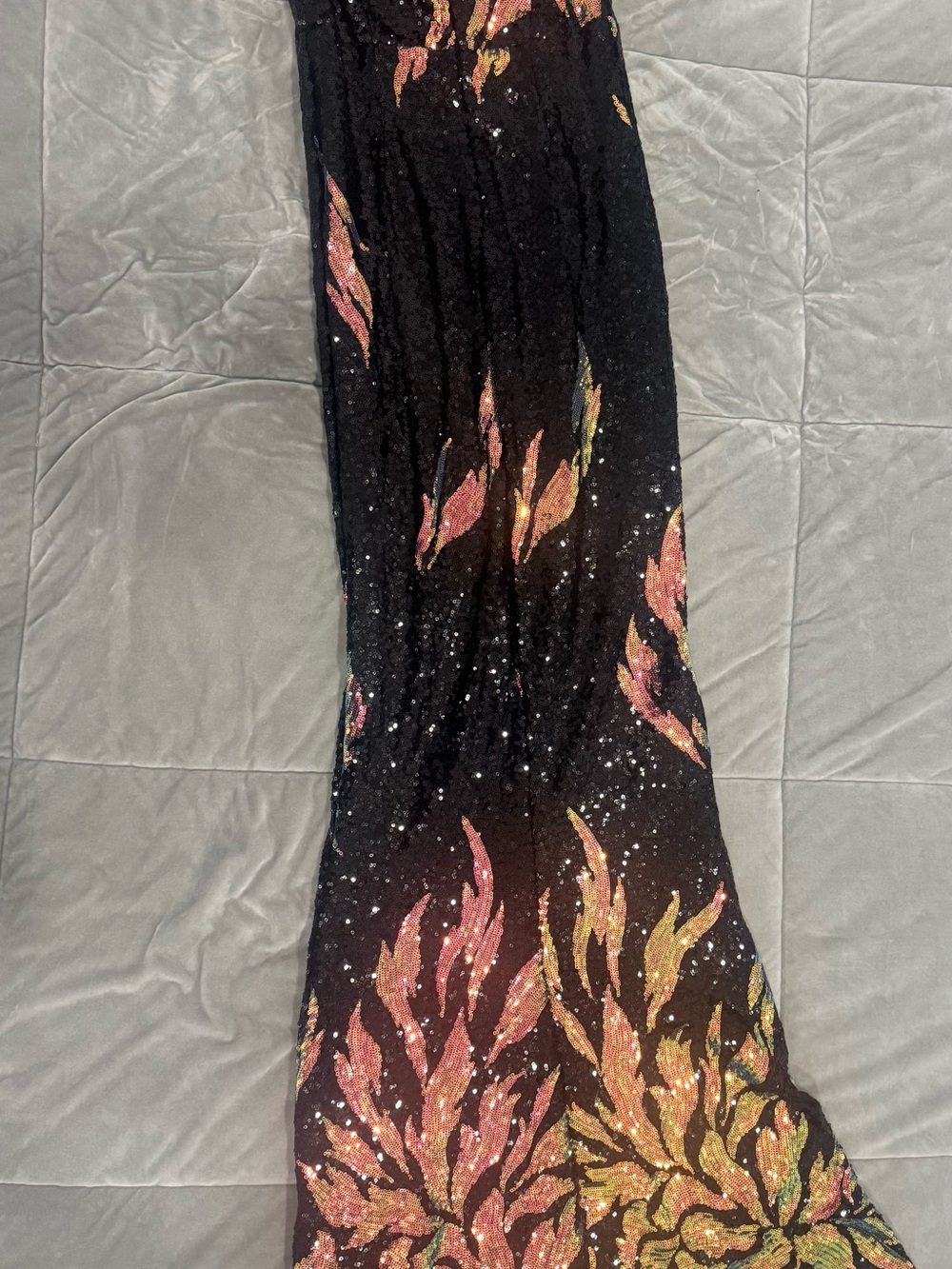 Black Off-Shoulder Sequin Evening Gown with Gold Leaf Accents - Picture 3 of 7